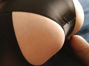 Cum on black satin shiny panties with fishnets